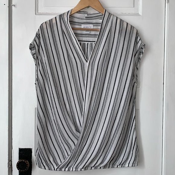 LIZ CLAIBORNE FAUX WRAP SURPLICE STRIPED TOP - Picture 1 of 6